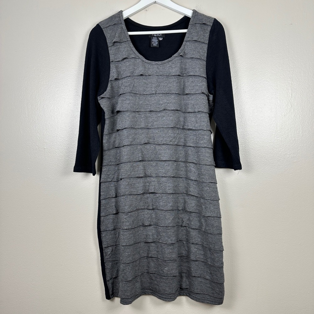 Papillon Women's Large Shift Dress Gray Black Tiered Ruffle Front 3/4 Sleeve